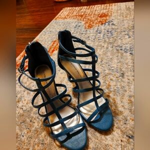 CHRISTIAN SIRIANO TEAL GREEN & BLACK SNAKE HIGH HEEL SANDALS SIZE 8 WOMANS